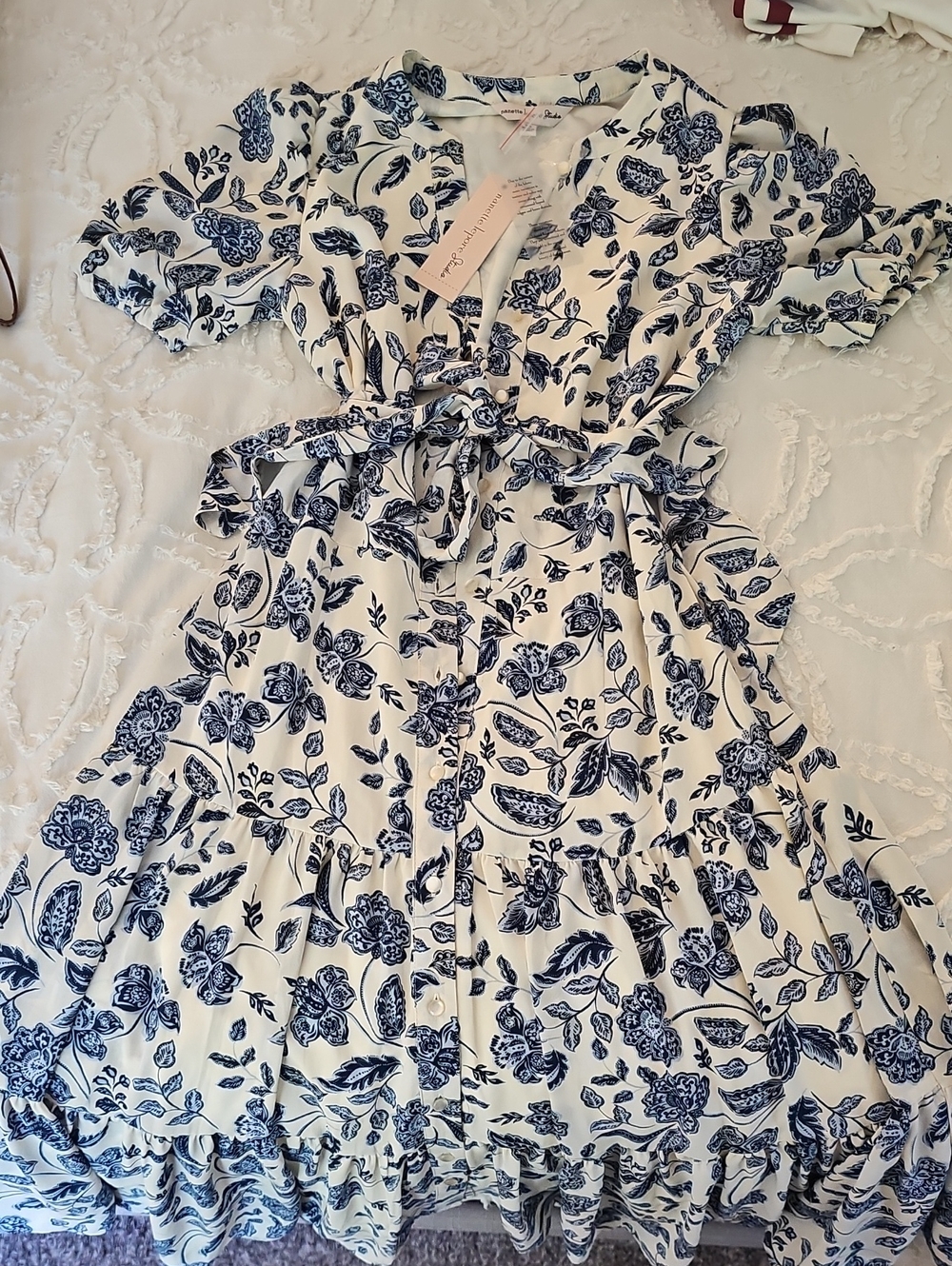 Nanette Lepore White and Blue Floral Tie-Waist Tiered Dress